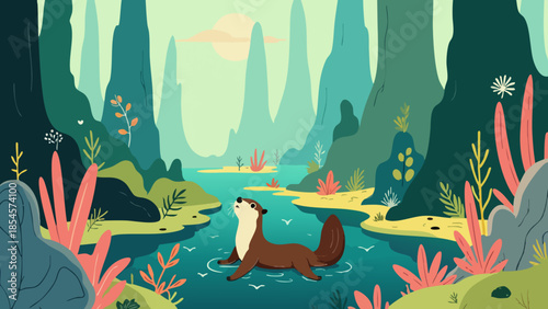 Whimsical Vector Illustration of Sea Otter Playing in Olive Green Kelp Forest