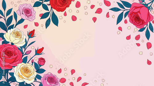 Vibrant Vector Art of Blooming Roses with Thick Ink Outlines on Pastel Background