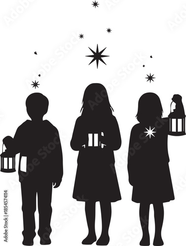 Children holding lanterns and looking up at stars silhouette
