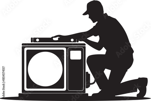 Technician using spirit level on air conditioner condenser silhouette vector art, using solid flat black color