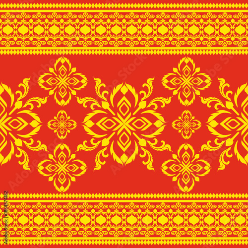 Red and gold damask seamless pattern with traditional Indian ornament. Vector illustration. Oriental vintage pattern. Design for textiles, elaborate borders, and wallpaper.