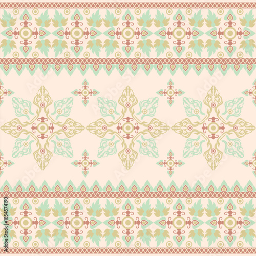 Damask seamless floral pattern in pastel colors. Vector illustration. Thai motif ethnic pattern. Design for textiles, fabric edges, tapestry, home decor, tiles, and wallpaper. 