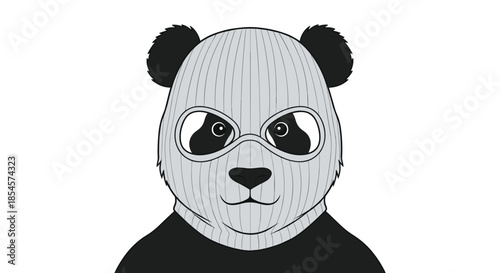 Stylized portrait of a giant panda wearing a grey knitted ski mask with cutouts for its eyes and ears on a white background.