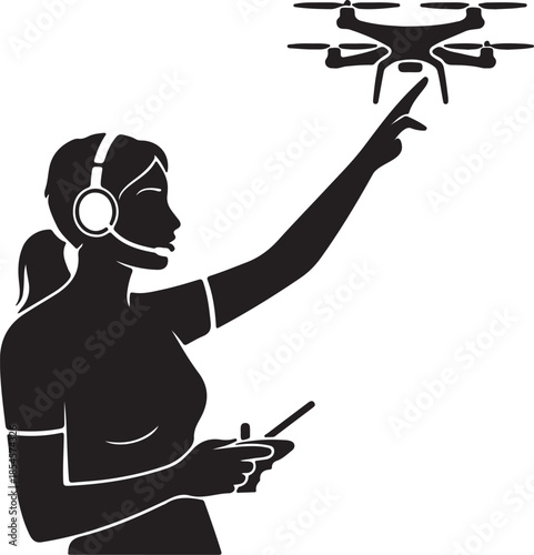 A black silhouette of a female drone pilot wearing a headset. One hand holds the controller. Vector illustration