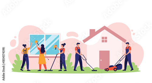 Group of professional cleaners works together to wash windows, sweep, and mow the lawn of a residential suburban house.