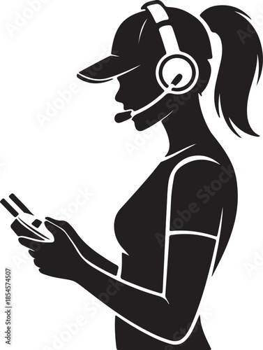 A silhouette of a female drone pilot wearing a ponytail and a baseball cap with a headset over it, holding a compact controller. Vector illustration