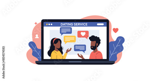 Online dating service application shown on a laptop screen with a diverse couple chatting through message bubbles and heart icons.
