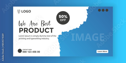 Blue Modern Promotional Banner for Electric Power Strip with 50 Percent Discount.