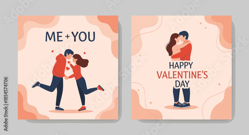 Set of two happy valentines day greeting cards featuring romantic couple hugging and kissing on soft pink abstract backgrounds.