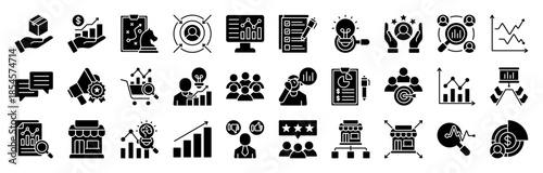 Analytics glyph style icon set. sales, research, strategy, trends, , and more. Editable stroke. Vector illustration eps 10