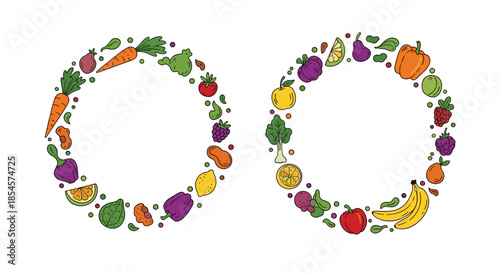 Collection of two hand drawn circular wreaths made of various fresh vegetables, fruits, and berries on a clean white background.