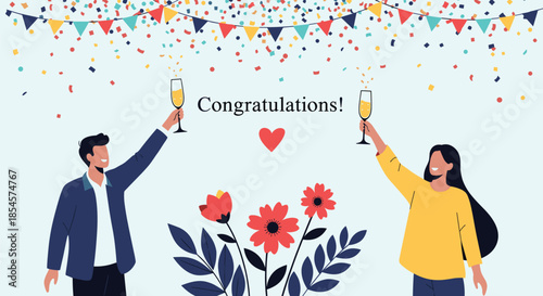 Joyful man and woman raising glasses of champagne to celebrate under colorful confetti and bunting with flowers in the foreground.