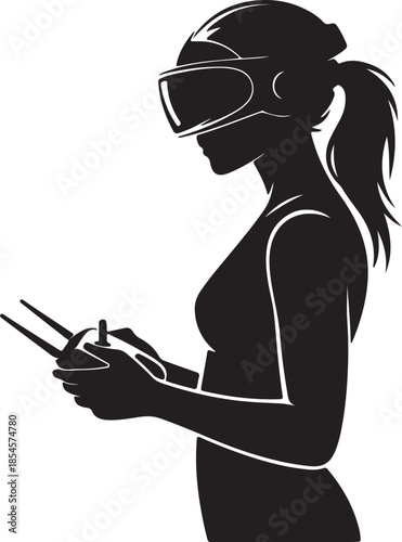 A solid black silhouette of a female drone pilot standing in a wide, heroic stance. Vector illustration