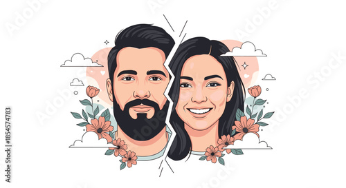 Illustrated portrait of a smiling man and woman separated by a jagged white line over a decorative background with flowers and clouds.