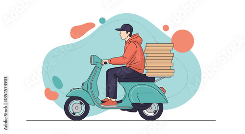 Male courier riding a vintage turquoise scooter and delivering a stack of pizza boxes on a background with colorful abstract shapes.