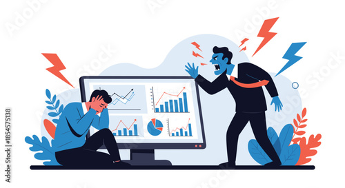 Conceptual illustration of a stressed employee sitting on the floor while an angry boss shouts at him in front of a computer screen.