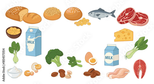Wide selection of healthy food icons including grains, protein, vegetables, and dairy spread across a white background for nutrition.