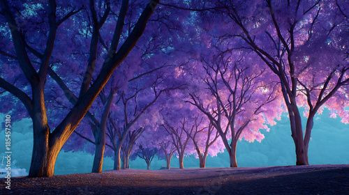Violet Light Filtering Through Bare Trees in a Dreamy Forest