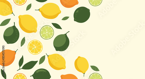Vibrant background pattern featuring a mix of yellow lemons, orange oranges, and green limes with leaves on a light cream background.