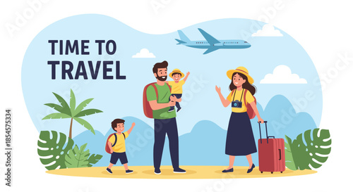 Happy family with two young children carrying backpacks and a suitcase walking towards their next travel adventure with a plane in sky.