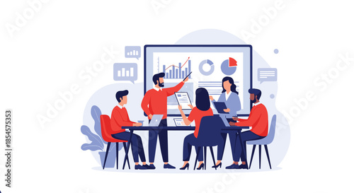 Professional business team discussing data and charts on a large screen during a strategic meeting in a modern office environment.