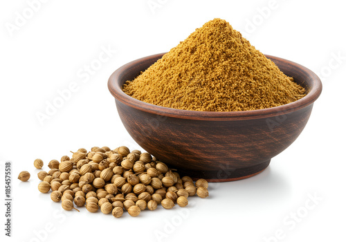 Ground coriander powder and whole seeds used as spice and seasoning for cooking