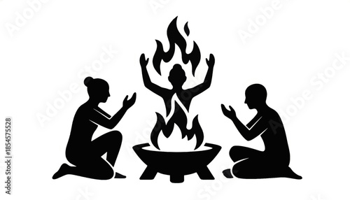 Hindu fire ritual silhouette illustration. Priests performing Yajna ceremony around a sacred flame. Vector graphic isolated on transparent background