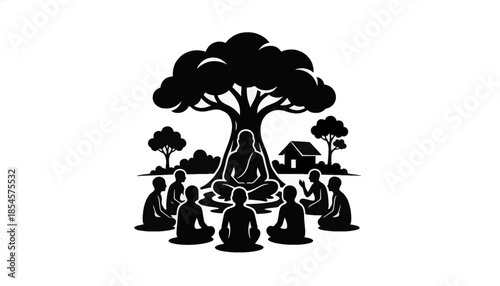 Guru teaching disciples in forest hermitage silhouette. Spiritual meditation and ancient education concept. Black vector illustration isolated on transparent background