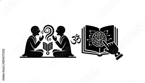 Traditional oral learning versus AI technology concept. Silhouette of guru and student compared to digital brain. Vector illustration