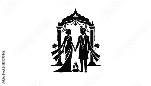 Hindu wedding couple silhouette under mandap. Bride and groom holding hands with sacred fire. Traditional Indian marriage vector illustration