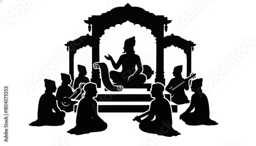 Silhouette of Hindu epic recitation in royal court. Guru storytelling with musicians under archway. Vector illustration
