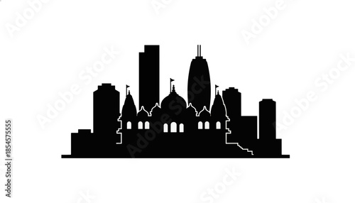 Hindu temple and modern city skyline silhouette. Urban architecture vector illustration with skyscrapers and religious building