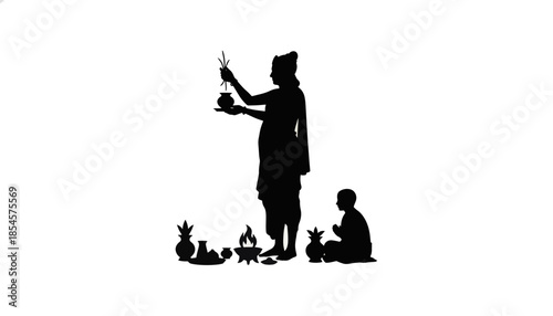 Silhouette of Hindu priest performing religious puja ceremony. Traditional Indian ritual with sacred fire and devotee. Vector illustration