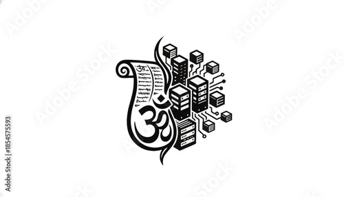 Hinduism scripture and Om symbol transitioning to digital server technology. Ancient manuscript versus modern data cloud computing concept. Black silhouette vector illustration