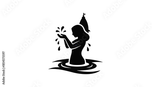 Black silhouette of Hinduism ritual bathing in sacred river. Devotee offering water prayer with temple background. Vector icon isolated on transparent background