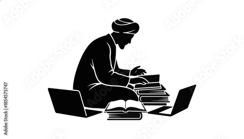 Black silhouette of an Islamic scholar studying. Vector icon of a man with a turban, books, and laptops. Traditional and modern education concept