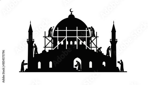 A black silhouette illustration of a mosque under construction. Islamic architecture and religious building concept. Vector graphic of craftsmen at work