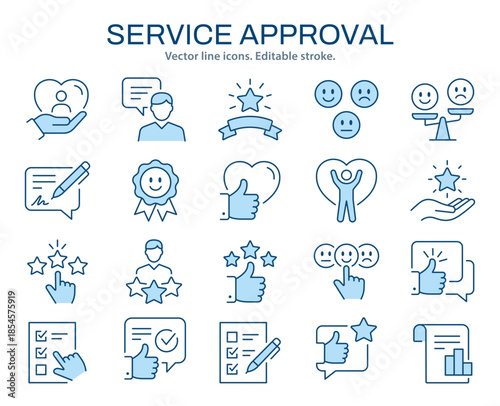 Service approval icons set. Showing customer feedback, ratings, reviews, and satisfaction metrics through editable stroke interface icons.