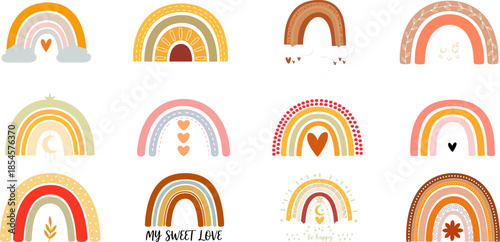 Rainbows in Joyful Colors: An array of colorful rainbows with hearts arranged in an aesthetically pleasing pattern, radiating joy and warmth, perfect for children.