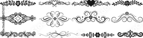 Elegant Ornate Embellishments: Exquisite collection of ornamental graphic dividers, each intricately designed with floral, heart, and scroll motifs.