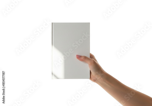 Hand holding a blank book isolated on transparent background
