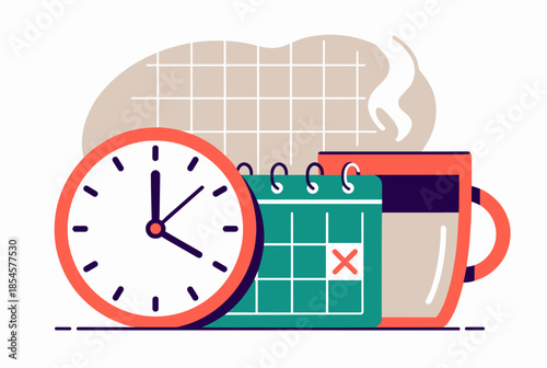 Digital Illustration Depicting a Clock, Calendar, and Steaming Coffee Mug