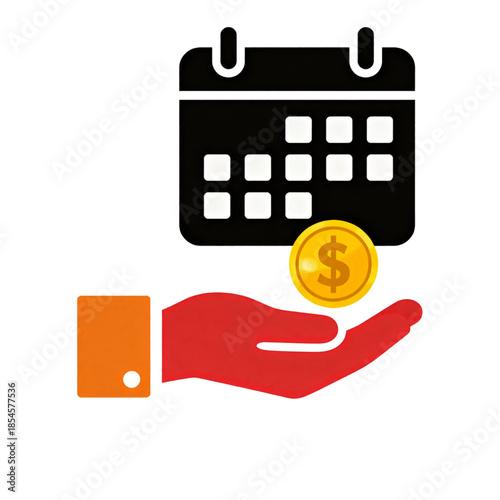 Vector illustration of calendar and hand give the money. Symbol of wages. Icon of salary new.