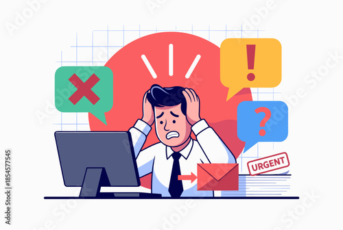 Stressed Businessman Overwhelmed by Urgent Tasks and Office Problems