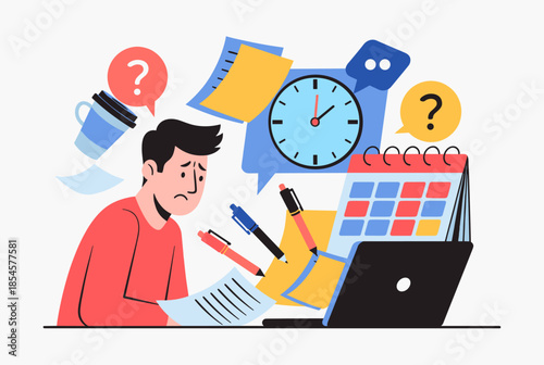 Overwhelmed Man Facing Work Pressure, Deadlines, and Tasks at Desk