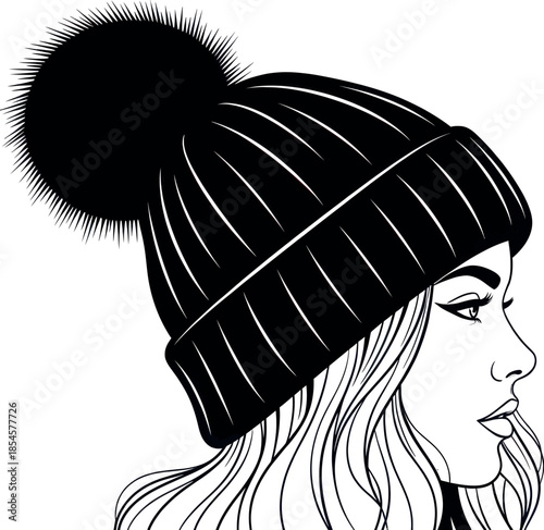 Black and white illustration of a woman wearing a ribbed beanie with a large pom pom on top