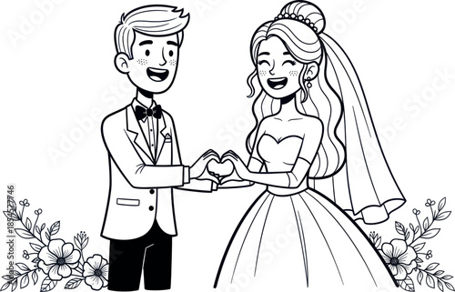 Happy cartoon bride and groom holding hands in love with flowers