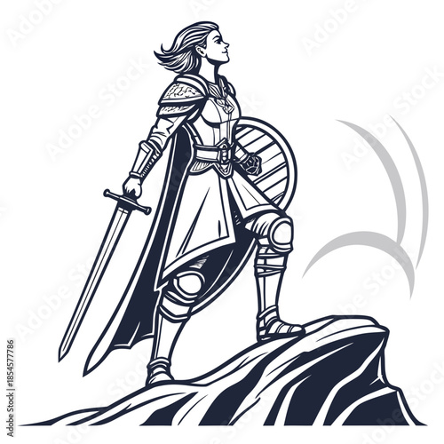 Female warrior standing on a rocky outcrop with sword and shield