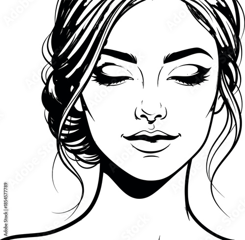 Black and white illustration of a womans face with closed eyes