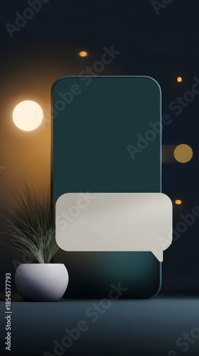 Smartphone mockup with blank message bubble and houseplant on dark background with bokeh lights